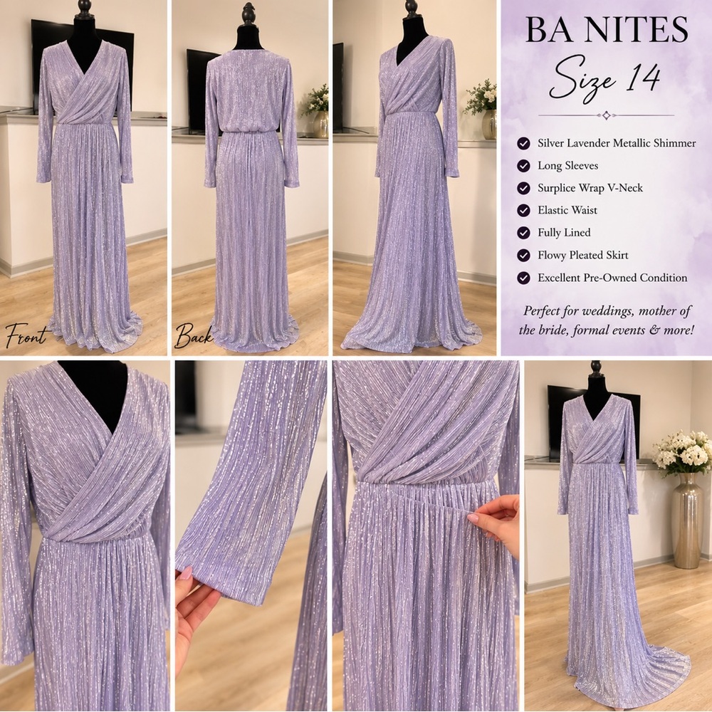 BA Nites Silver Lavender Metallic Shimmer Surplice Gown - Size 14